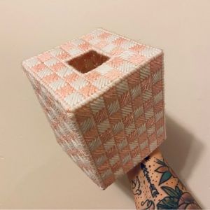Retro Pink Checkered Needlepoint Square Tissue Box Cover